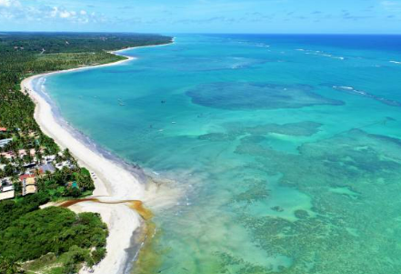 La imagen muestra una impresionante vista aérea del estado de Alagoas, ubicado en la región noreste de Brasil. En la imagen se puede apreciar la belleza de sus playas de arena blanca y sus aguas cristalinas, rodeadas de exuberante vegetación tropical.